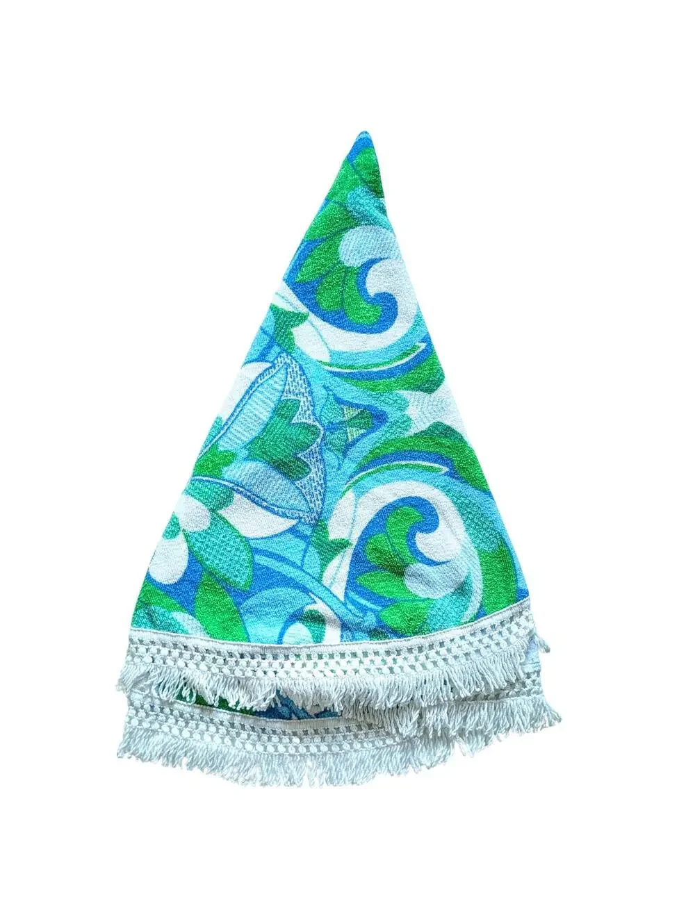 Vintage Round Terry Cloth Tablecloth with Groovy Print and Fringed Edge